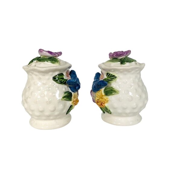 Bluebird Pansies Salt Pepper Shakers VTG Hobnail 3D Ceramic Cottage Tableware - Picture 3 of 13